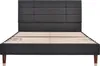 A dark gray upholstered bed frame with a slatted base and wooden legs, shown against a white background. Produktbild-Vorschau