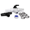 A collection of plumbing fittings and accessories, including a white ball valve, a black tee fitting, a roll of blue tape, and several hose clamps, arranged on a white background. Produktbild-Vorschau