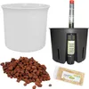A collection of items for a self-watering plant pot system, including an outer pot, inner pot with water level indicator, and drainage material. Produktbild-Vorschau