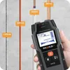 A hand holds a MAKA® device, which is a wall scanner, in front of a wall with various pipes and rebar. Labels indicate measurements. Podgląd zdjęcia produktu