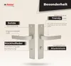A product image showcasing door handles with descriptive text highlighting features. Produktbild-Vorschau