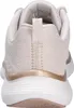 The back view of a beige Skechers women's sneaker with gold accents and a white sole. Voir les images du produit