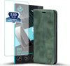 A green flip cover phone case and a screen protector are displayed against a white background. Produktbild-Vorschau