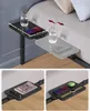 Collage showing a bedside table that attaches to a bed, with different items on it. Náhled obrázku produktu