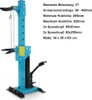 A blue hydraulic spring compressor tool is shown against a white background, with technical specifications listed to the right. Produktbild-Vorschau