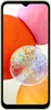 A close-up front view of a Samsung Galaxy A14 smartphone with a colorful abstract wallpaper on its screen. Produktbild-Vorschau