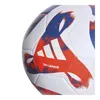 Close-up of a soccer ball with red and blue graphics. Produktbild-Vorschau