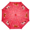 An open umbrella with a red background and a pattern of colorful polka dots and cartoon horses. Produktbild-Vorschau