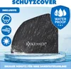 A black sand filter cover with water droplets and wind icons, presented on a clear circular base with water splashing. Produktbild-Vorschau