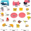 A collection of toy kitchen appliances and food items, with dimensions indicated by measurement lines and text. Produktbild-Vorschau