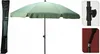 A green parasol is shown with its carrying case and close-up details of its pole mechanism. Podgląd zdjęcia produktu