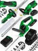A collage of various cordless hedge trimmer components and accessories, including batteries, chargers, and blades, arranged against a white background. Podgląd zdjęcia produktu