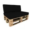 A black cushion set on a wooden pallet base, presented against a white background. Produktbild-Vorschau