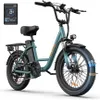 A teal electric bicycle with a black seat and handlebars, shown from a three-quarter front angle against a white background. A small black display screen is visible in the upper left corner. Produktbild-Vorschau