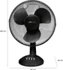 A black table fan is shown from the front with dimensions indicated. Anteprima dell’immagine prodotto