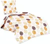 A bedding set with a pillow and duvet cover, both featuring a pattern of circles in yellow and brown tones on a white background. Produktbild-Vorschau