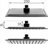 Three views of a black square shower head with dimensions indicated. Produktbild-Vorschau