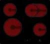 A black electric stovetop with four heating elements, two of which are glowing red. Produktbild-Vorschau