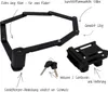 A black folding bicycle lock with keys and a mounting bracket, with text annotations describing its features. Produktbild-Vorschau