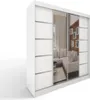 A white sliding door wardrobe with mirrored doors, reflecting a living room interior. Produktbild-Vorschau