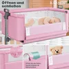 A baby sleeping in a pink crib with a teddy bear peeking over the side. The image is a collage showing different features of the crib. Produktbild-Vorschau