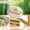 A collage of images showcasing a bamboo dresser with fabric drawers, featuring close-ups of bamboo material, water droplets on slatted shelves, and a smooth lacquered surface, set against a backdrop of a bamboo forest. Podgląd zdjęcia produktu