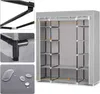 A grey fabric wardrobe with multiple shelves and a hanging rod, shown with close-up details of its construction and material. Náhľad obrázku produktu