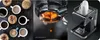 A collage of three images related to coffee and coffee machines. The left image shows various cups of coffee. The middle image is a close-up of an espresso machine's portafilter with coffee dripping. The right image shows a black espresso machine with two  Produktbild-Vorschau
