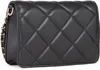 A black quilted handbag with a gold chain strap is shown from the side. Produktbild-Vorschau