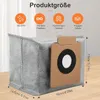 A vacuum cleaner dust bag is shown on a wooden surface, with text and icons indicating product features and dimensions. Produktbild-Vorschau