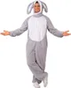 A man wearing a grey rabbit costume with large ears and a white chest panel, standing with his arms outstretched. Produktbild-Vorschau