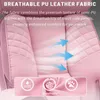 Close-up of a pink office chair, highlighting its breathable PU leather fabric and mesh side panels with animated airflow graphics. Podgląd zdjęcia produktu