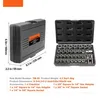 A tool kit case is shown open, displaying various sockets and adapters. Dimensions are provided on the closed case. Produktbild-Vorschau