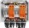 A close-up view of an electrical junction box for a solar power system, showing internal components and wiring. Podgląd zdjęcia produktu
