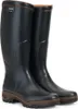 A pair of black rubber boots with brown soles and trim. Anteprima dell’immagine prodotto