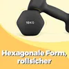 A close-up of a black hexagonal dumbbell with '10 KG' printed on it, set against a yellow and orange gradient background with decorative wavy lines. Produktbild-Vorschau