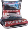 A folded duvet and pillow with a fire truck design. Podgląd zdjęcia produktu
