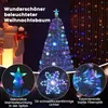 A marketing image showcasing a white fiber optic Christmas tree with colorful LED lights, snowflakes, and a star topper, set against a dark background with string lights. Close-up insets highlight the star topper, a snowflake light, and the fiber optic str Produktbild-Vorschau