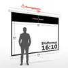 A diagram illustrating the dimensions and aspect ratio of a projection screen, with a silhouette of a person for scale. Produktbild-Vorschau