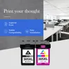 A split image showing marketing text and features on the left, and an office environment on the right. Two ink cartridges are in the foreground. Produktbild-Vorschau