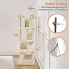 A tall, multi-level cat tree is shown standing in a room, with close-up insets illustrating its stability features. Produktbild-Vorschau