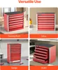 A collage of four images showing a red metal toolbox in different settings: a dressing room, an office, a garage, and a studio. Podgląd zdjęcia produktu