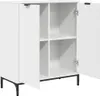 A white sideboard with its doors open, revealing four storage compartments. The sideboard is supported by black legs. Podgląd zdjęcia produktu