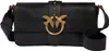 A black leather handbag with gold hardware.