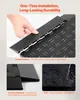 A hand is shown installing a black modular garage floor tile with a textured surface. Below are close-up shots of the tiles, one showing their thickness and another demonstrating water resistance. Voir les images du produit