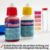 Two bottles of liquid test reagents for pool water testing, alongside a pH test strip and test tubes. Produktbild-Vorschau