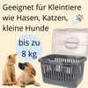 A marketing image showing a pet carrier with text and images of animals. Produktbild-Vorschau