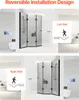 Two images showing a shower door installation in a bathroom, with diagrams illustrating left and right wall installations. Podgląd zdjęcia produktu