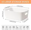 A white storage box with dimensions indicated by lines and text. Below the box are icons representing different uses for the storage boxes. Produktbild-Vorschau