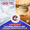 A collage showing a battery in cold and hot environments, with a graphic of a flexing arm and text emphasizing reliability. Produktbild-Vorschau